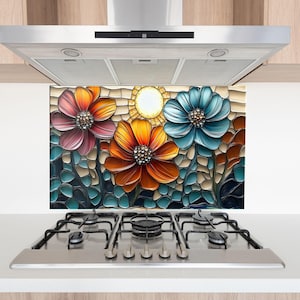 Tempered Glass Backsplash Blue Flower Backsplash, Stove Backsplash for Kitchen Splashback for Stove Back Cover, Floral Backsplash