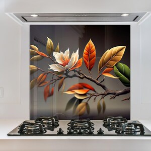 Tempered Glass Kitchen Backsplash, Flower Backsplash, Stove Backsplash for Kitchen Floral Splashback for Stove Back Cover, Flower Backsplash