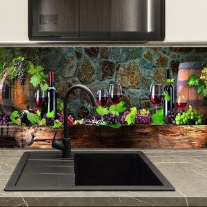 Rustic Wine Cellar Tempered Glass Kitchen Backsplash, Vineyard Barrel Still Life Stove Cover Wall Art Splashback Decor