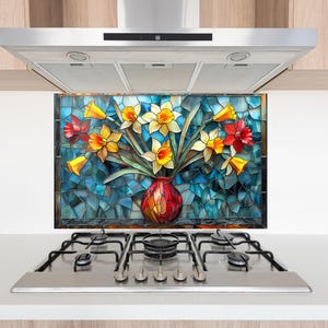 Salpicadero de cocina de vidrio templado con diseño floral colorido: protector contra salpicaduras de estufa con diseño floral, arte mural botánico, panel de vidrio resistente al calor