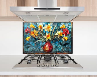 Colorful Floral Tempered Glass Kitchen Backsplash – Stained Flower Stove Splashback, Botanical Wall Art, Heat Resistant Glass Panel
