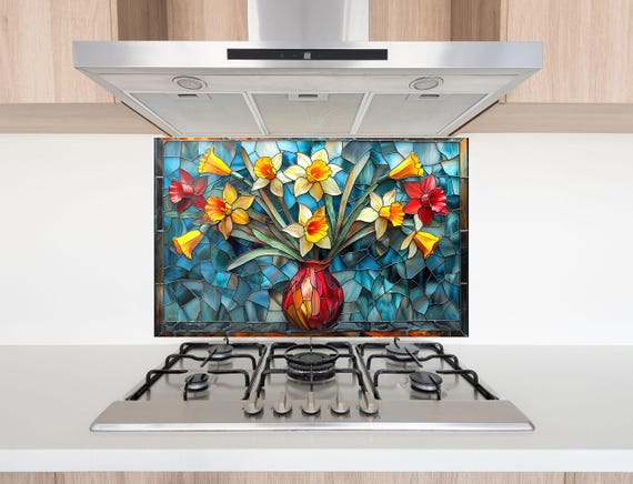 Colorful Floral Tempered Glass Kitchen Backsplash – Stained Flower Stove Splashback, Botanical Wall Art, Heat Resistant Glass Panel