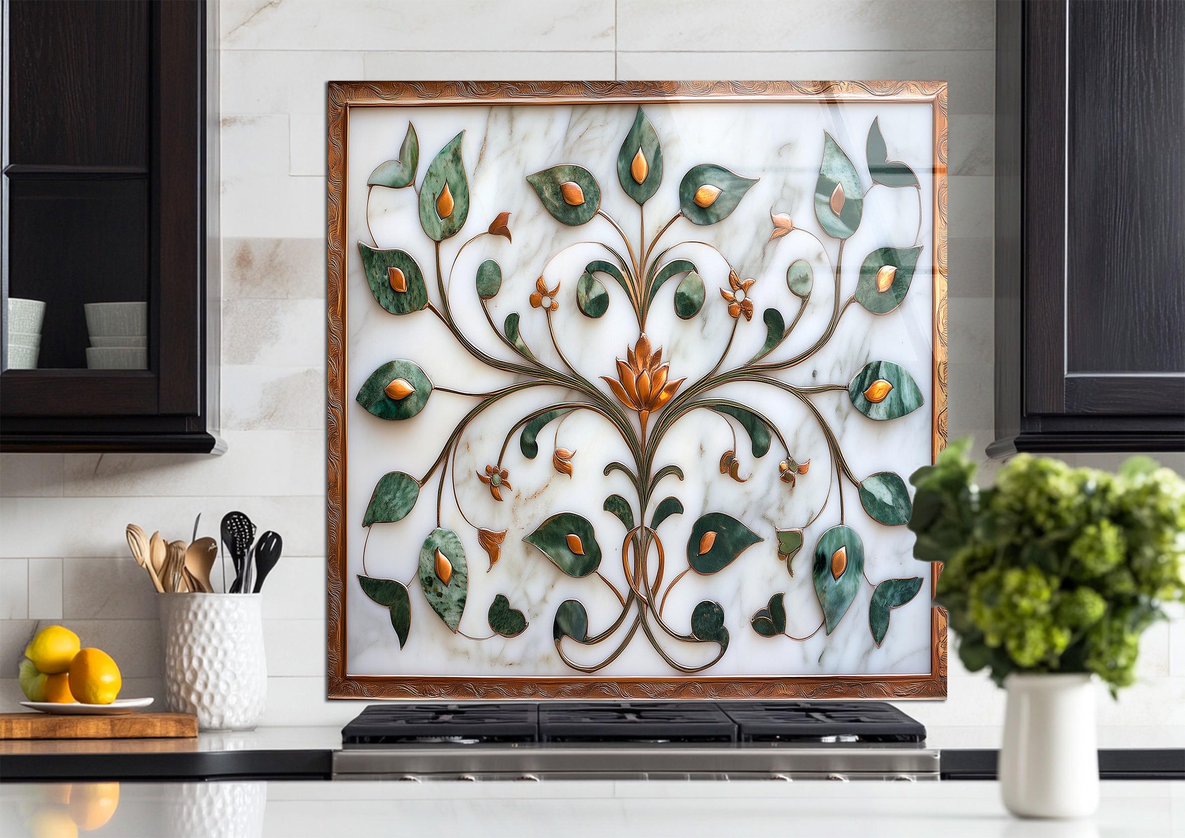 Leaf Pattern Splashback Elegant Floral Glass Backsplash – Green Leaf Botanical Design With ...