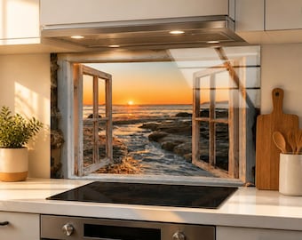 Ocean Sunset Tempered Glass Backsplash, Open Rustic Window Coastal Beach View, Seaside Kitchen Splashback Panel