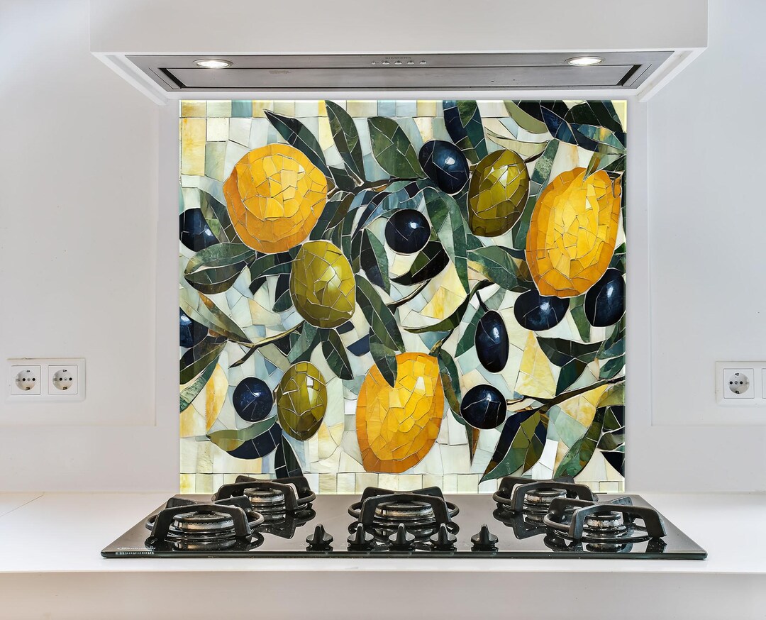 Lemon Splashbacks Lemon & Olive Mosaic Glass Backsplash – Colorful Fruit Tempered Glass ...