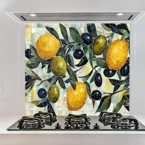 Lemon & Olive Mosaic Glass Backsplash – Colorful Fruit Tempered Glass Splashback for Kitchen Stove