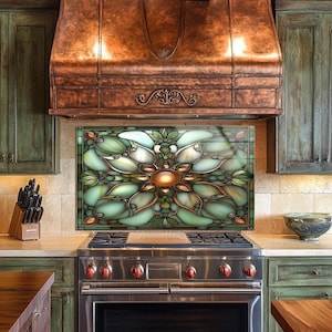 May include: A kitchen with a stainless steel gas range and a copper range hood. The backsplash features a stained glass design with green, white, and gold colors. The cabinets are painted green.