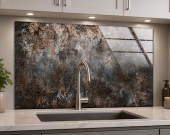 Distressed Metal Look Tempered Glass Backsplash, Black Gray Rust Effect, Modern Industrial Kitchen Splashback Panel