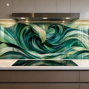 May include: A kitchen splashback featuring a large-scale abstract wave design in shades of emerald, forest green, and white. The glossy panel is installed behind a black glass hob, set against a white worktop and dark brown cabinetry.