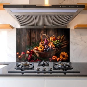 Colorful Tempered Glass Kitchen Stove Backsplash with Fresh Vegetables & Fruits