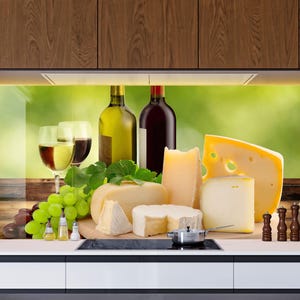 Wine & Cheese Still Life Tempered Glass Kitchen Backsplash, Rustic Vineyard Style Wall Art Stove Splashback Decor