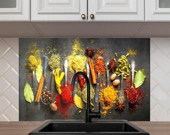 Kleurrijke kruiden keukenachterwand van gehard glas en spatscherm – Levendige kookkunst aan de muur, hittebestendig kachelbeschermingspaneel