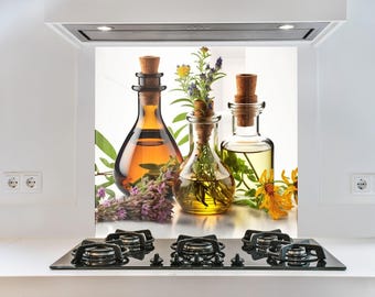 Herbs & Olive Oil Glass Backsplash Panel, Tempered Glass Kitchen Splashback for Stove Wall, Culinary Botanical Decor, Easy Clean