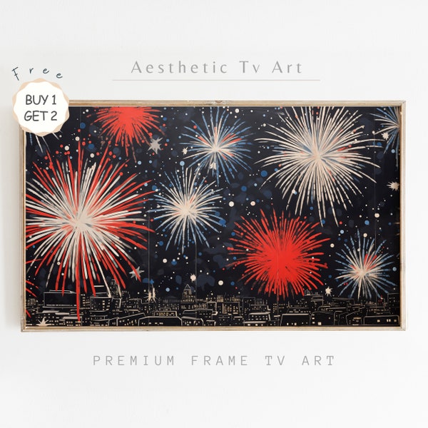 Starry Night 4th of July Fireworks Display Over Cityscape Frame TV Art | Urban Independence Day Decor | Patriotic Digital Art for Summer