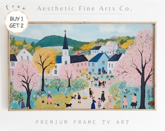 Colorful Spring Samsung Frame TV Art, Abstract Easter Village TV Art, Aesthetic Farmhouse TV Decor, Easter Spring Tv Art, Digital Download