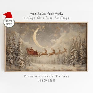 May include: Vintage Christmas painting featuring Santa's sleigh pulled by reindeer, flying across a snowy landscape under a crescent moon. The artwork is framed and includes the text "Aesthetic Fine Arts - Vintage Christmas Paintings - Premium Frame TV Art 3840x2160".