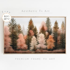 May include: A watercolour painting depicting a forest scene with trees in shades of brown, green, and pink. The trees are arranged in a staggered pattern, creating a sense of depth. The painting has a soft, dreamy feel, and the colours are muted and calming.