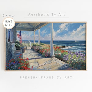 Coastal American Flag Frame TV Art, 4th of July Oil Painting, Summer Farmhouse Decor, Independence Day Art, Digital Download