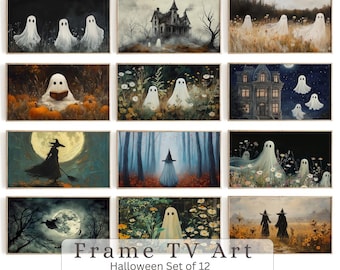 Halloween Frame TV Art Set, Ghost in Wildflower Field, Vintage Fall Landscape Paintings, Halloween Spooky Arts, Samsung Frame TV Set of 12