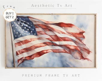 American Flag 4th of July TV Frame Art, Patriotic Red White & Blue Watercolor Painting, 4th of July Samsung Frame TV Art Digital Download