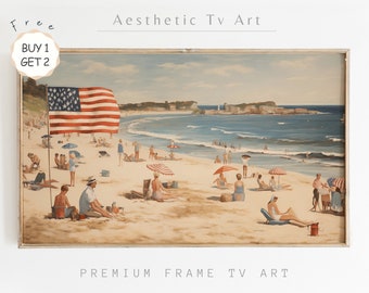 May include: A framed painting of a beach scene with people sunbathing and swimming. An American flag is flying in the wind on the left side of the painting. The painting is in a light wood frame. The text "Aesthetic Tv Art" is above the painting and "PREMIUM FRAME TV ART" is below the painting.