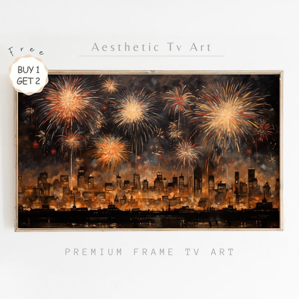 Vintage 4th of July Fireworks Cityscape Frame TV Art | Forth of July Oil Painting Digital Download | Patriotic Independence Day Home Decor