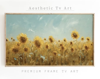 May include: A painting of a field of sunflowers under a blue sky with white clouds. The sunflowers are in various stages of bloom, with some facing the viewer and others facing away. The painting is done in a realistic style with visible brushstrokes.