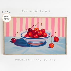 Samsung Frame TV Art, Colorful Cherries Bowl Digital Download for TV | Aesthetic Still Life Spring or Summer Pink Frame Tv Digital Art