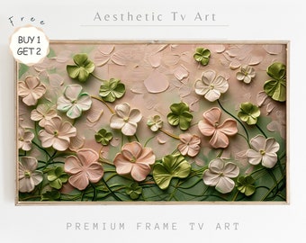 St. Patrick's Day Frame TV Art, Pastel Toned Abstract Clovers Oil Painting, Spring Farmhouse Decor, Shamrock Art, Digital Download Frame Tv
