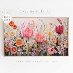 Textured Spring Samsung Frame TV Art, Embroidery Colorful Wildflowers Painting for TV, Spring Farmhouse Decor, Digital Download