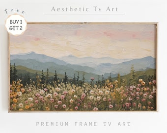 Frame TV Art Vintage Summer Landscape Painting | Texture Neutral Summer Farmhouse Wildflowers Meadow Art for TV | Digital Download