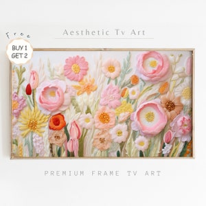 Spring Samsung Frame TV Art, Textured Embroidery Colorful Wildflowers Painting for TV, Spring Farmhouse Decor, Digital Download