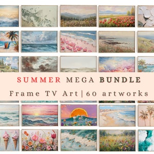 May include: A collage of 60 framed paintings depicting summer scenes, including beaches, seascapes, flowers, and palm trees. The text "SUMMER MEGA BUNDLE Frame TV Art | 60 artworks" is displayed at the bottom of the collage.