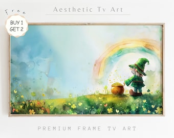 St Patrick's Day Samsung Frame TV Art, Painting of Cute Irish Gnome for TV, Rainbow Shamrock TV Art, St Pattys Day Decor, Digital Download
