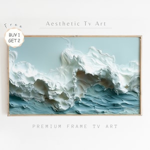May include: Abstract art print featuring a white wave-like design on a blue background. The print is framed in a light wood frame. The text "Aesthetic Tv Art" and "Premium Frame Tv Art" is visible in the image.