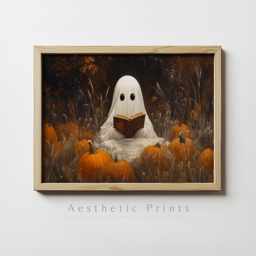 Cute Ghost Reading Halloween Wall Art, Cute Spooky Ghost in a Pumpkin ...