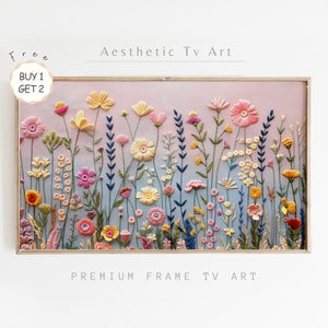 Spring Frame TV Art, Wildflowers Embroidery Textured Art for Frame TV, Spring Farmhouse Decor, Colorful Wildflowers, Instant Download