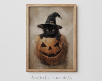 Utskrivbar väggkonst med Halloween-motiv, häxig väggkonst med Halloween-motiv, tryck med svart katt, utskrivbar konst med Halloween, digital nedladdning av häxväggdekor