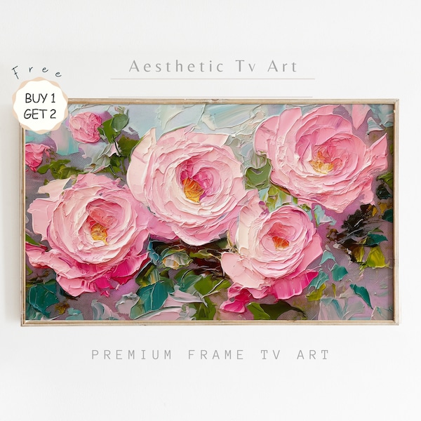 Samsung Frame TV Art, Pink Roses Abstract Oil Painting, Valentine's Day Frame TV Art, Coquette Room Decor, Digital Download Frame TV