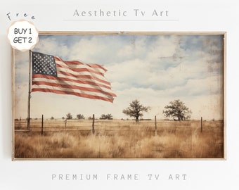Rustic 4th of July American Flag Samsung TV Frame Art, Vintage 4th of July Decor, Patriotic Country Scene Art for TV Digital Download