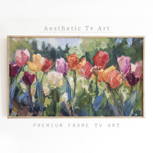 Abstract Samsung Frame TV Art, Tulips Oil Painting, Vintage Floral Oil Painting, Spring Farmhouse Wall Decor, Digital Download Frame TV Art