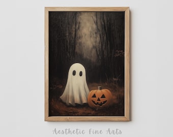 Halloween Printable Wall Art, Vintage Ghost Print in a Spooky Forest, Moody Halloween Wall Art, Dark Cottagecore Print, Rustic Farmhouse Art