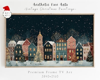 Gemütliches Weihnachtsdorf Rahmen TV Kunst, festliche Winterstadt Szene, verschneiter Urlaub Wohnkultur TV Kunstwerk Digitaler Download