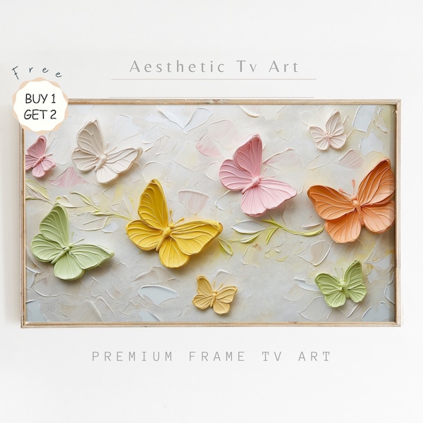 Frame TV Art Abstract Butterflies Oil Painting, Spring Textured Art for Frame TV, Pastel Toned, Farmhouse Decor, Digital Download