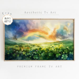 Rainbow and Clovers Samsung Frame TV Art, St Patrick&#39;s Day Watercolor Art for Frame TV, Shamrock Art, St Patty&#39;s Day Decor, Digital Download
