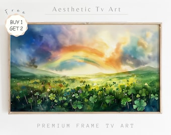 Rainbow and Clovers Samsung Frame TV Art, St Patrick's Day Watercolor Art for Frame TV, Shamrock Art, St Patty's Day Decor, Digital Download