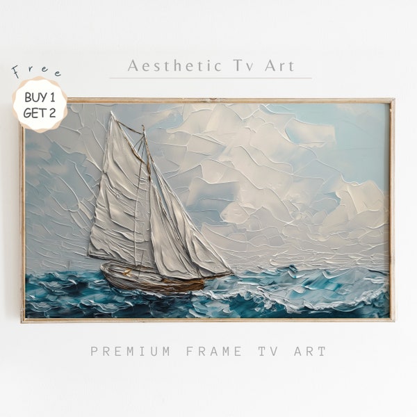 3D Textured Impasto Sailboat Art for Frame TV | Summer Ocean Waves Oil Painting for TV Instant Download | Modern Nautical Home Decor