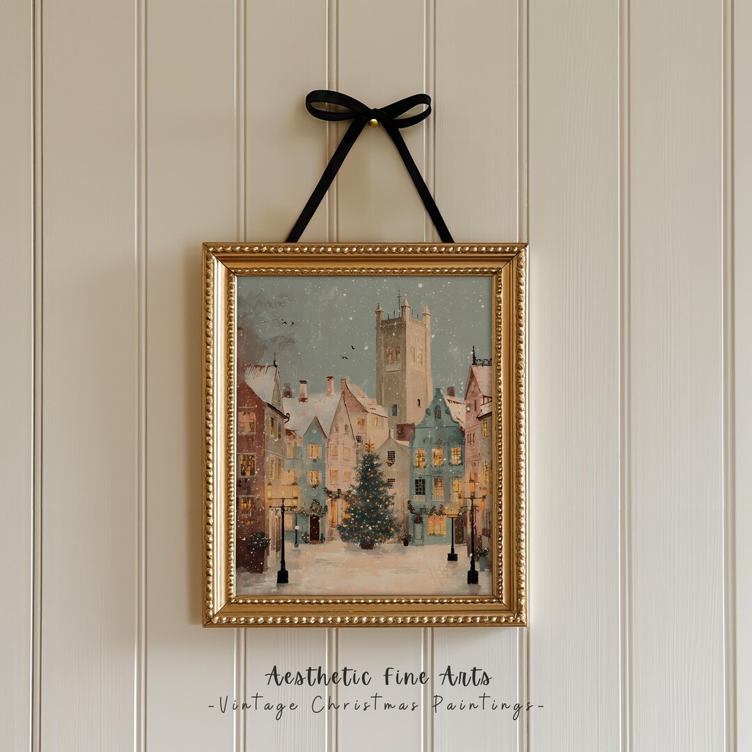 Printable Cozy Winter Village Wall Art, Christmas Town Print, Snowy ...
