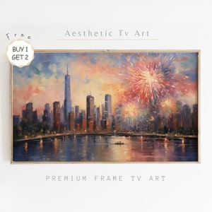 4th of July City Fireworks TV Frame Art, Vibrant 4th of July Skyline, 4th of July Samsung Frame TV Art, Patriotic Decor Digital Download