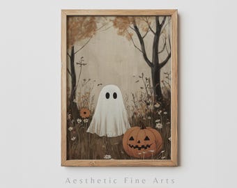 Cute Ghost and Pumpkin Halloween Art, Spooky Ghost Print, Fall Ghost Art, Vintage Pumpkin Printable Wall Decor, Halloween Aesthetic Art